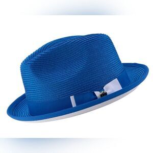 MONTIQUE MEN'S ROYAL/WHITE BOTTOM BRAIDED STINGY BRIM PINCH FEDORA HAT. H-78
